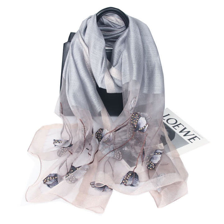 Women's Hand-Embroidered Beads Floral Wool Silk Scarf - Gray - image 4