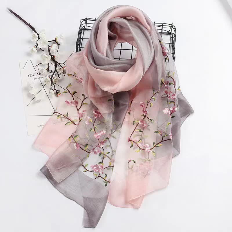 Women's Two Tone Hand-Embroidered Plant Floral Wool Silk Scarf - Gray & Pink - image 3