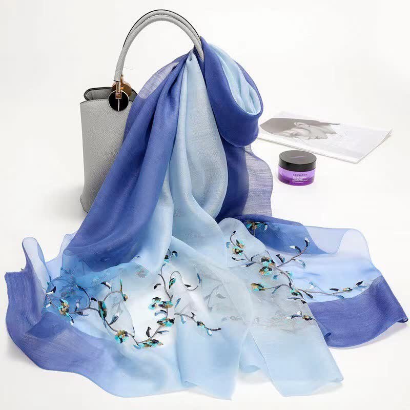Women's Two Tone Hand-Embroidered Plant Floral Wool Silk Scarf