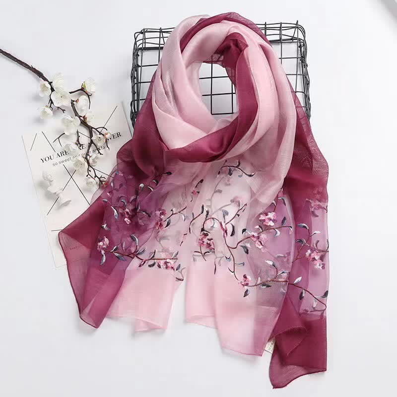 Women's Two Tone Hand-Embroidered Plant Floral Wool Silk Scarf - Burgundy & Pink - image 6