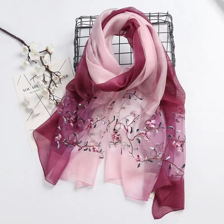 Women's Two Tone Hand-Embroidered Plant Floral Wool Silk Scarf - Burgundy & Pink - image 6