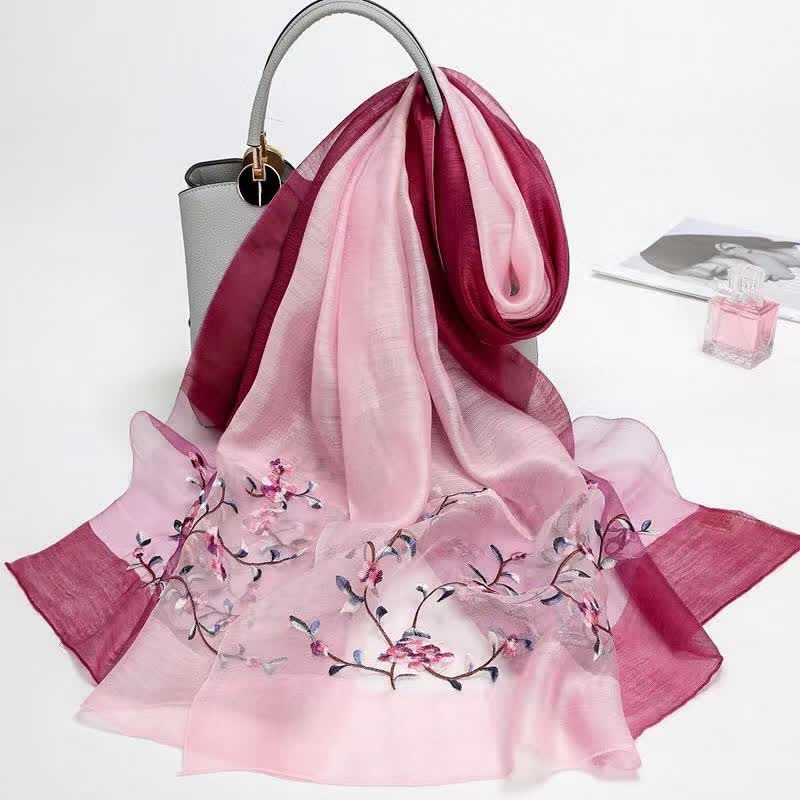 Women's Two Tone Hand-Embroidered Plant Floral Wool Silk Scarf - image 7