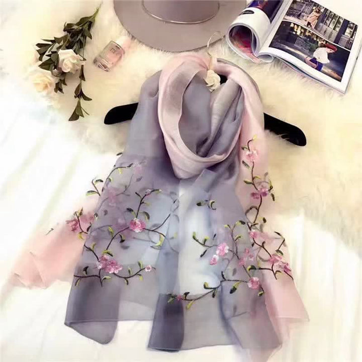Women's Two Tone Hand-Embroidered Plant Floral Wool Silk Scarf - image 5