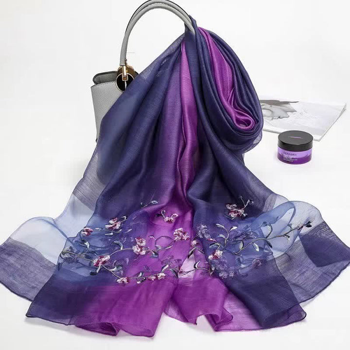 Women's Two Tone Hand-Embroidered Plant Floral Wool Silk Scarf - Navy & Purple - image 8