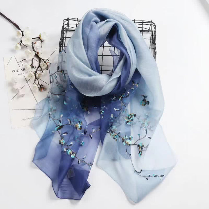 Women's Two Tone Hand-Embroidered Plant Floral Wool Silk Scarf - Blue - image 1