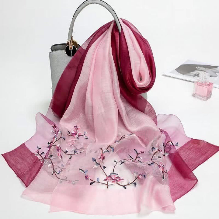 Women's Two Tone Hand-Embroidered Plant Floral Wool Silk Scarf