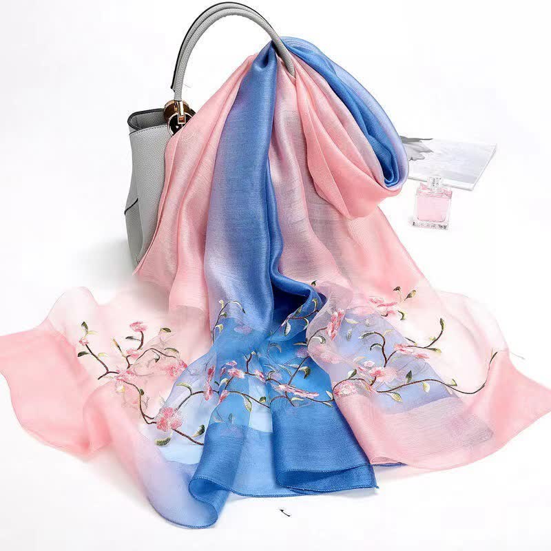 Women's Two Tone Hand-Embroidered Plant Floral Wool Silk Scarf - Blue & Pink - image 0