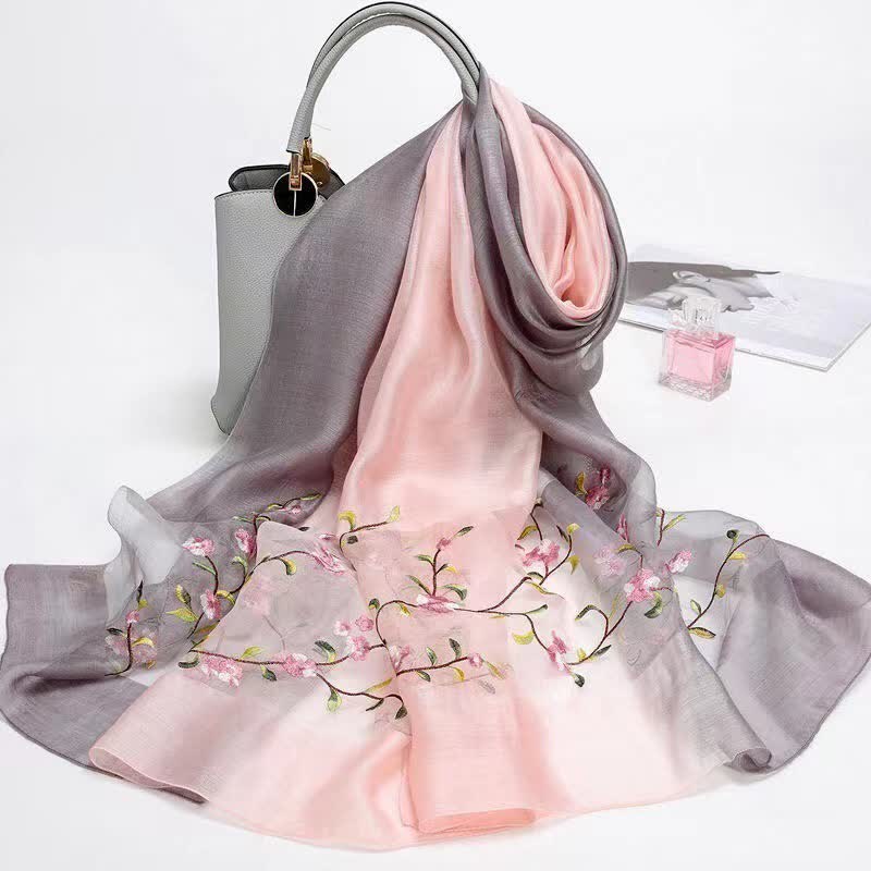 Women's Two Tone Hand-Embroidered Plant Floral Wool Silk Scarf