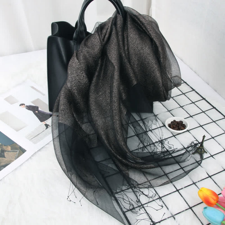 Women's Double Layers Shimmering Tassels Organza Silk Scarf