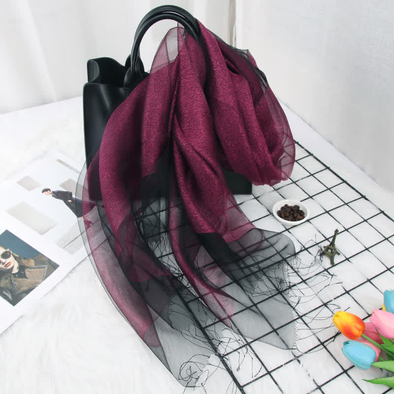 Women's Double Layers Shimmering Tassels Organza Silk Scarf - MediumVioletRed - image 4