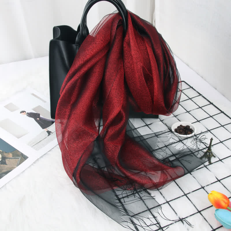 Women's Double Layers Shimmering Tassels Organza Silk Scarf - Burgundy - image 0
