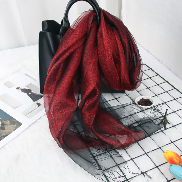 Women's Double Layers Shimmering Tassels Organza Silk Scarf - Burgundy - image 0