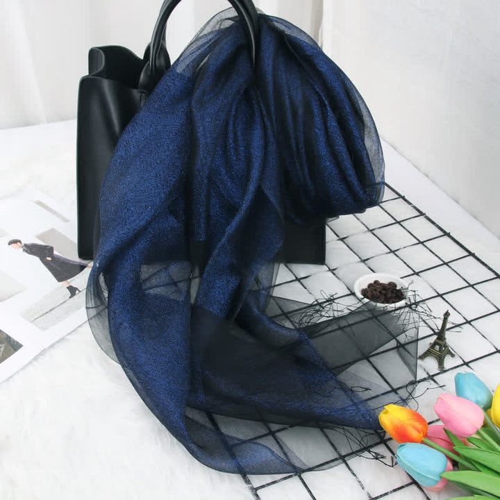 Women's Double Layers Shimmering Tassels Organza Silk Scarf - Navy - image 9