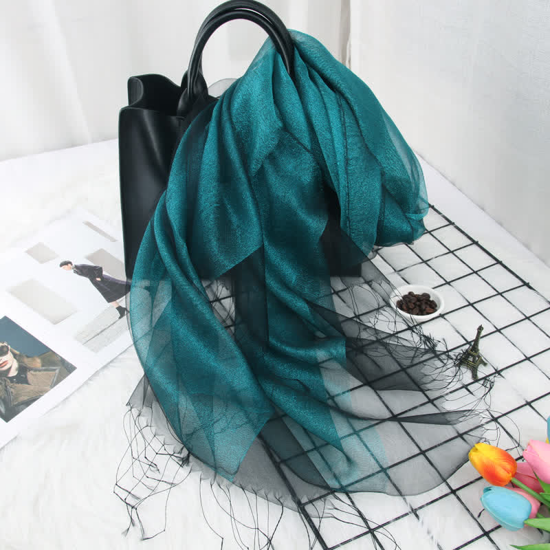 Women's Double Layers Shimmering Tassels Organza Silk Scarf - DarkCyan - image 5