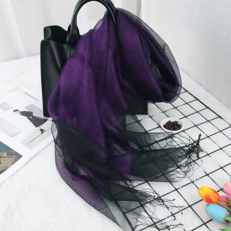 Women's Double Layers Shimmering Tassels Organza Silk Scarf - Purple - image 8