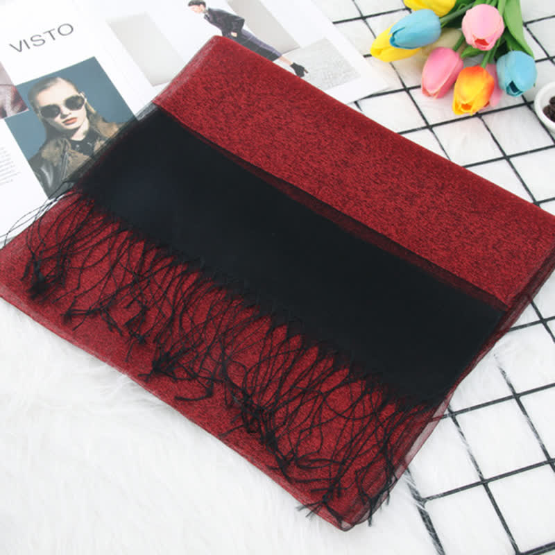 Women's Double Layers Shimmering Tassels Organza Silk Scarf