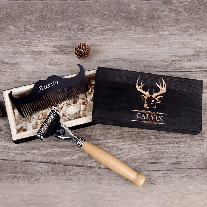 3Pcs Custom Name Groomsmen Souvenirs Razor Set with Wooden Box - image 1