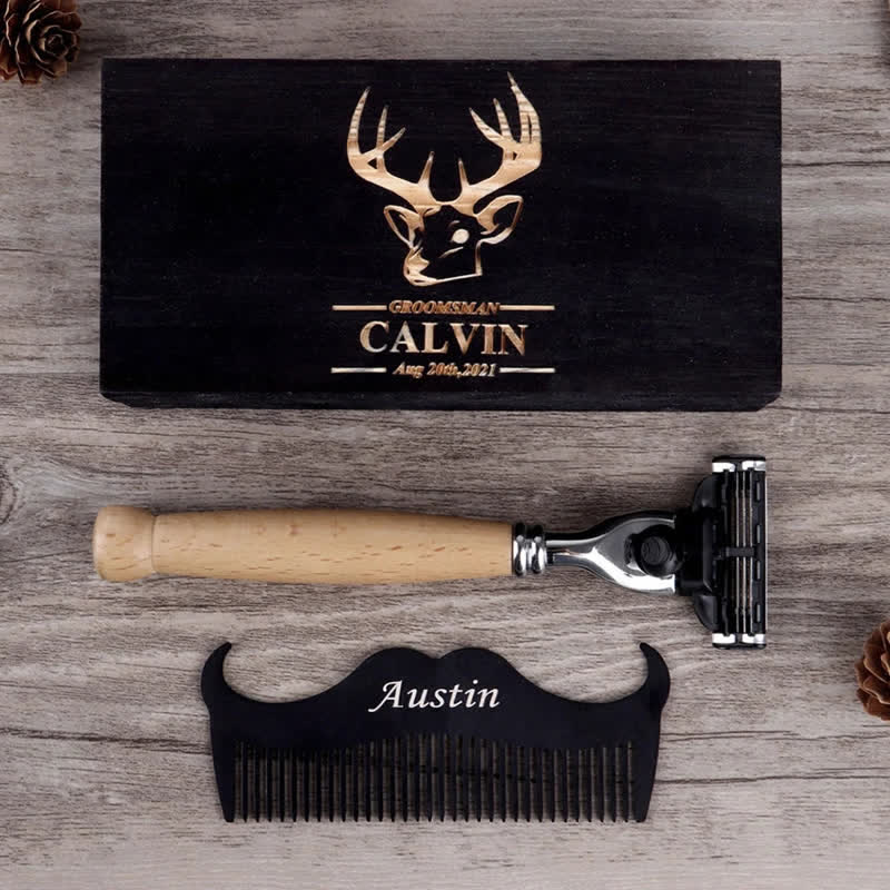 3Pcs Custom Name Groomsmen Souvenirs Razor Set with Wooden Box - 3Pcs - image 0