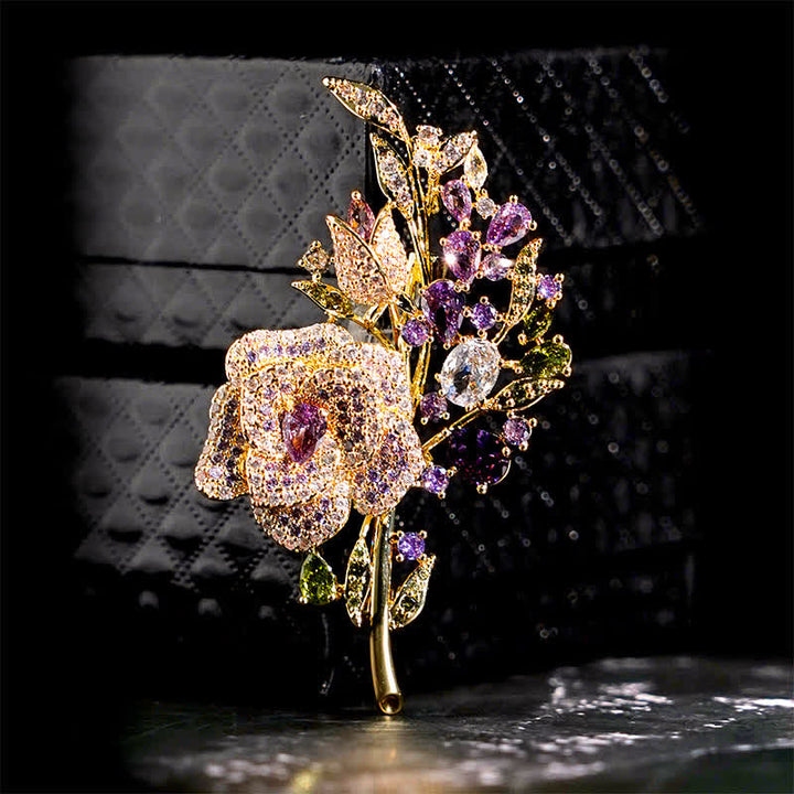 Women's Rose Flower Bouquet Zircon Brooch - Violet - image 5