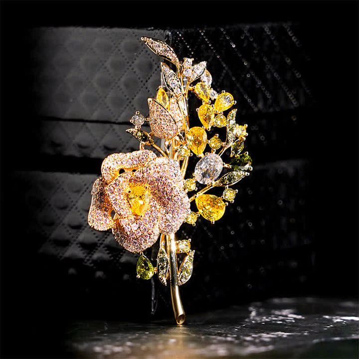 Women's Rose Flower Bouquet Zircon Brooch - Yellow - image 6