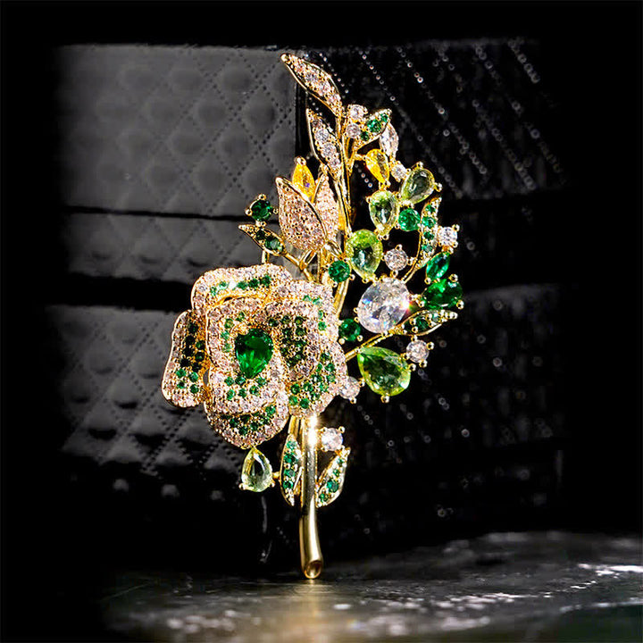 Women's Rose Flower Bouquet Zircon Brooch - Green - image 3