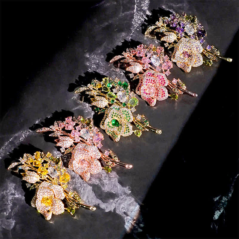 Women's Rose Flower Bouquet Zircon Brooch - image 1