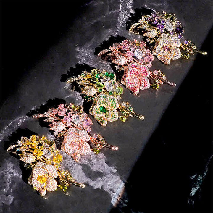 Women's Rose Flower Bouquet Zircon Brooch - image 1