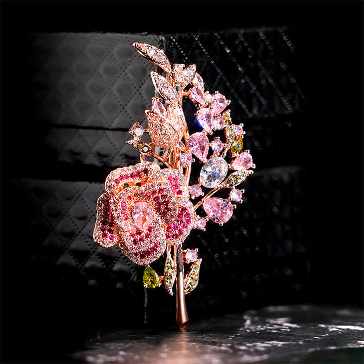 Women's Rose Flower Bouquet Zircon Brooch - Dark Pink - image 0