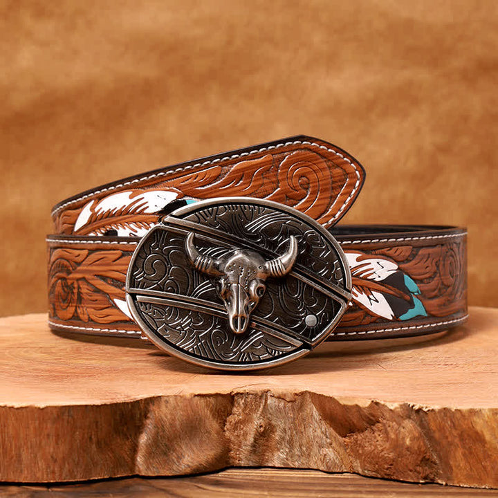 Men's DIY Longhorn Bull Hidden Folding Knife Leather Belt - Longhorn Bull - Brown Feather Belt - 40 - image 13