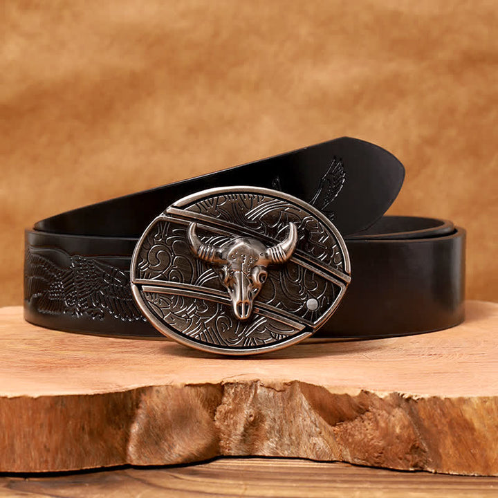 Men's DIY Longhorn Bull Hidden Folding Knife Leather Belt - Longhorn Bull - Black Embossed Eagle Belt - 42 - image 10