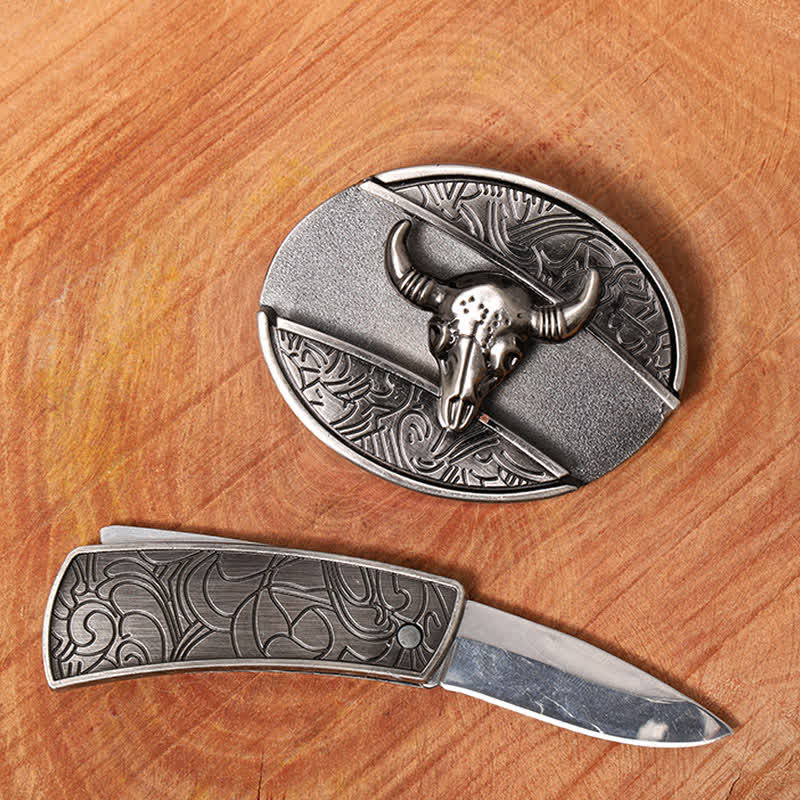 Men's DIY Longhorn Bull Hidden Folding Knife Leather Belt - image 1
