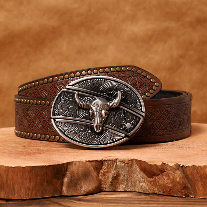 Men's DIY Longhorn Bull Hidden Folding Knife Leather Belt - Longhorn Bull - Brown Rivet Belt - 42 - image 11