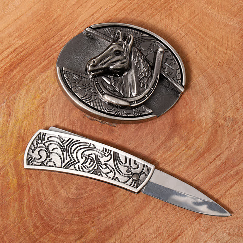 Men's DIY Horse Head Hidden Folding Knife Leather Belt - image 1