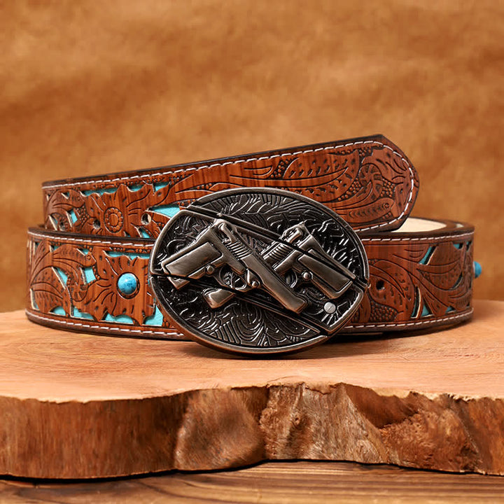Men's DIY Dual Gun Hidden Folding Knife Leather Belt - Dual Gun - Turquoise Carved Belt - 42 - image 5