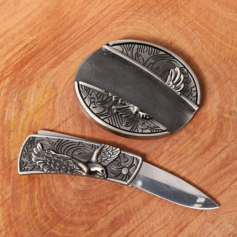 Men's DIY Soaring Eagle Hidden Folding Knife Leather Belt - image 1