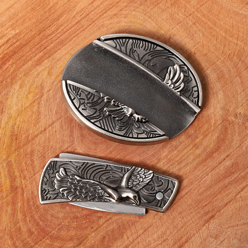 Men's DIY Soaring Eagle Hidden Folding Knife Leather Belt - image 5