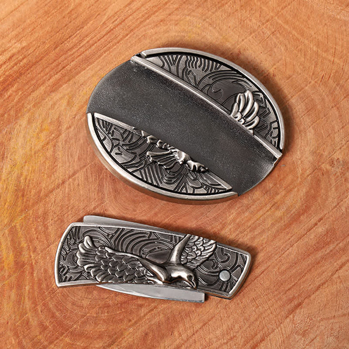 Men's DIY Soaring Eagle Hidden Folding Knife Leather Belt - image 5