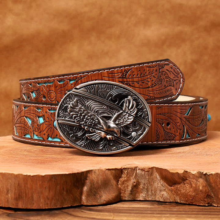 Men's DIY Soaring Eagle Hidden Folding Knife Leather Belt - Soaring Eagle - Turquoise Carved Belt - 42 - image 7