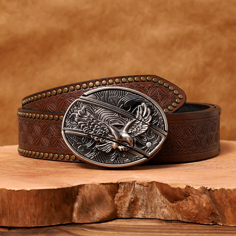 Men's DIY Soaring Eagle Hidden Folding Knife Leather Belt - Soaring Eagle - Brown Rivet Belt - 42 - image 9