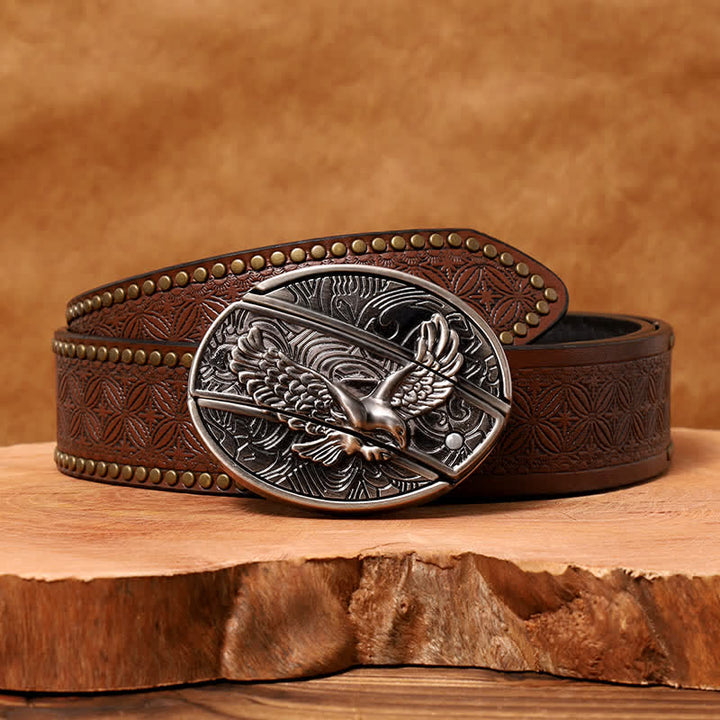 Men's DIY Soaring Eagle Hidden Folding Knife Leather Belt - Soaring Eagle - Brown Rivet Belt - 42 - image 9