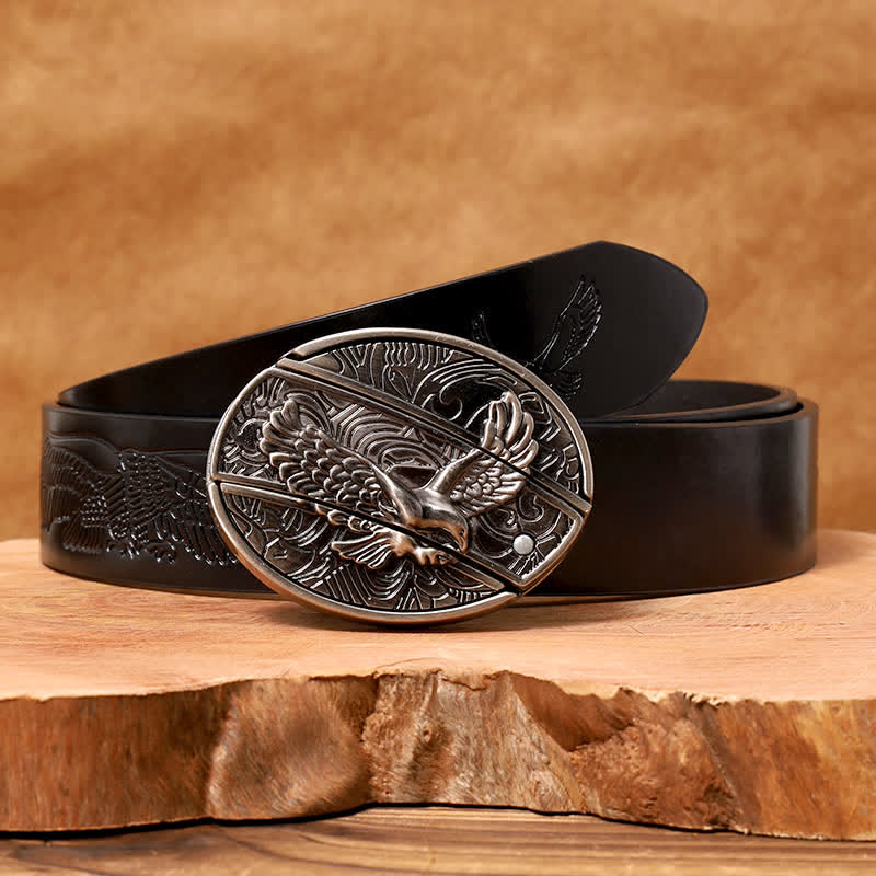 Men's DIY Soaring Eagle Hidden Folding Knife Leather Belt - Soaring Eagle - Black Embossed Eagle Belt - 42 - image 8