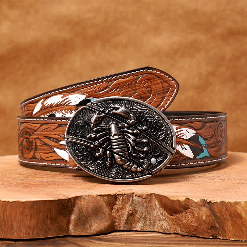 Men's DIY Scorpion Hidden Folding Knife Leather Belt