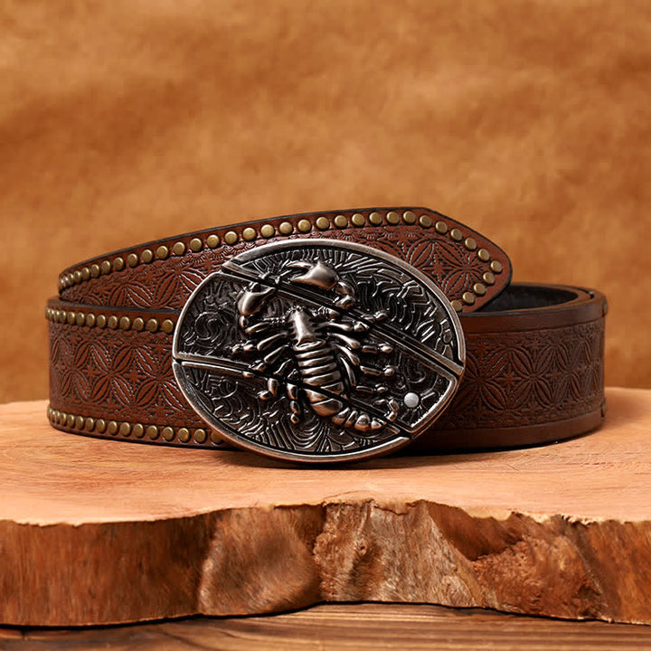 Men's DIY Scorpion Hidden Folding Knife Leather Belt