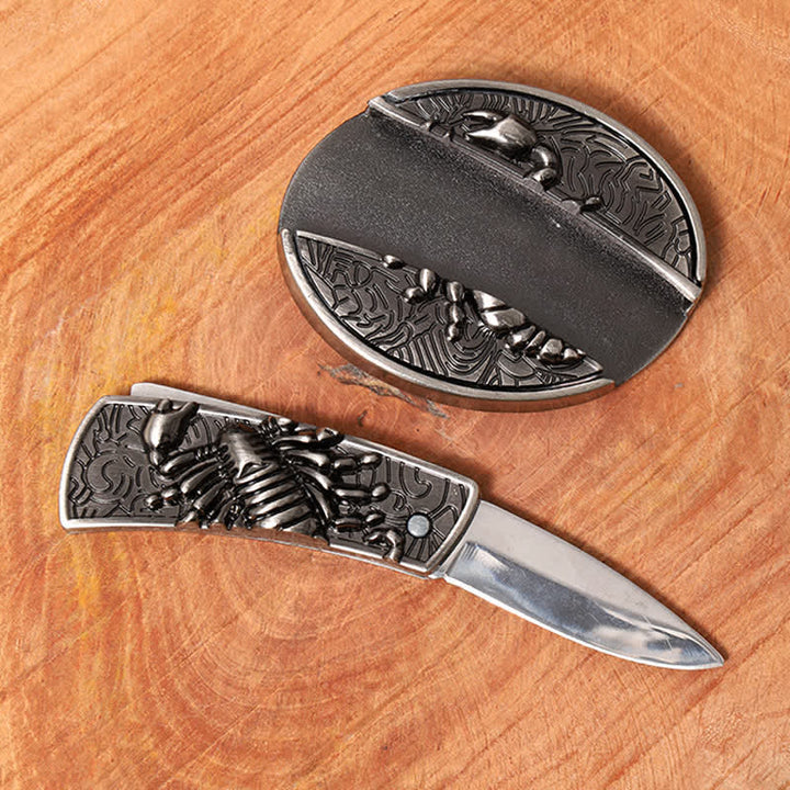 Men's DIY Scorpion Hidden Folding Knife Leather Belt