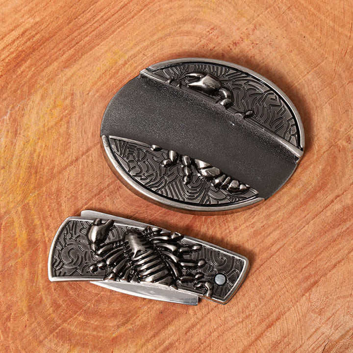 Men's DIY Scorpion Hidden Folding Knife Leather Belt
