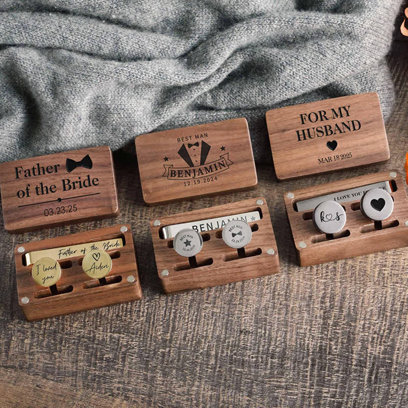 1 Pair Custom Name Metal Cufflinks & Tie Clip Set