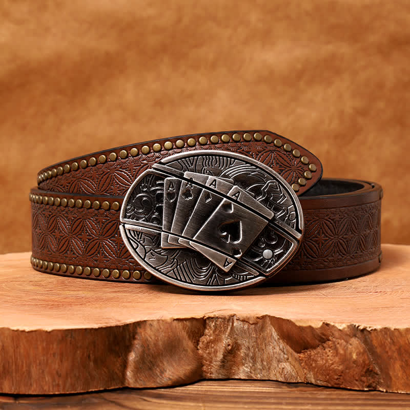 Men's DIY Poker 4 Ace Hidden Folding Knife Leather Belt - Poker 4 Ace - Brown Rivet Belt - 42 - image 7