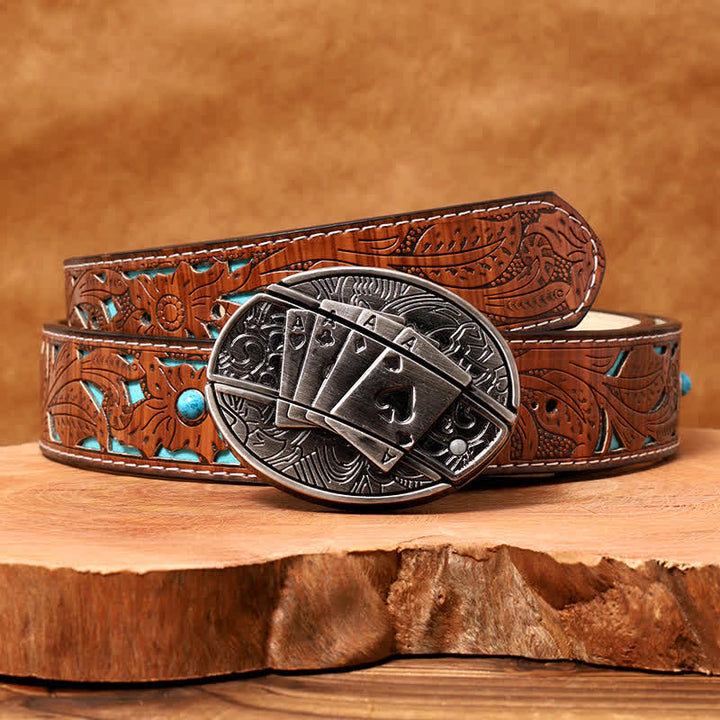 Men's DIY Poker 4 Ace Hidden Folding Knife Leather Belt - Poker 4 Ace - Turquoise Carved Belt - 42 - image 5