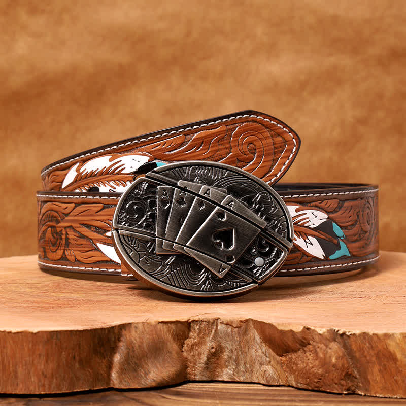 Men's DIY Poker 4 Ace Hidden Folding Knife Leather Belt - Poker 4 Ace - Brown Feather Belt - 40 - image 9