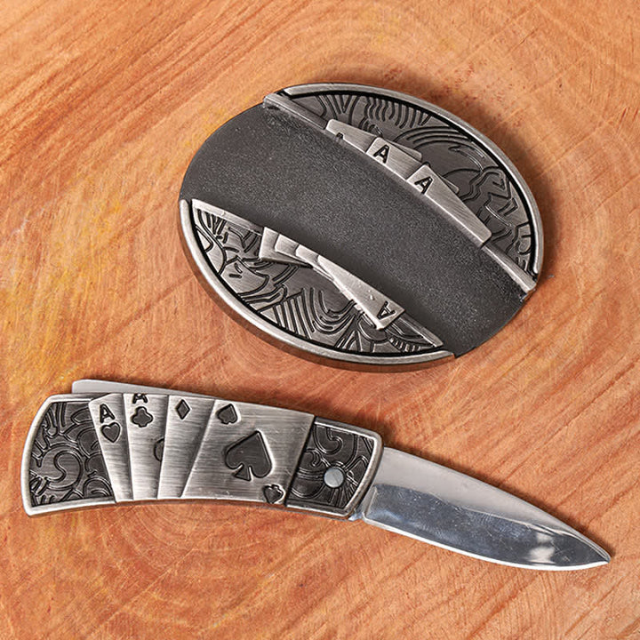 Men's DIY Poker 4 Ace Hidden Folding Knife Leather Belt - image 1